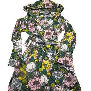 Vera Bradley Green‎ Fleece Robe S/M Floral Hooded Belted Cozy Lounge Bathrobe